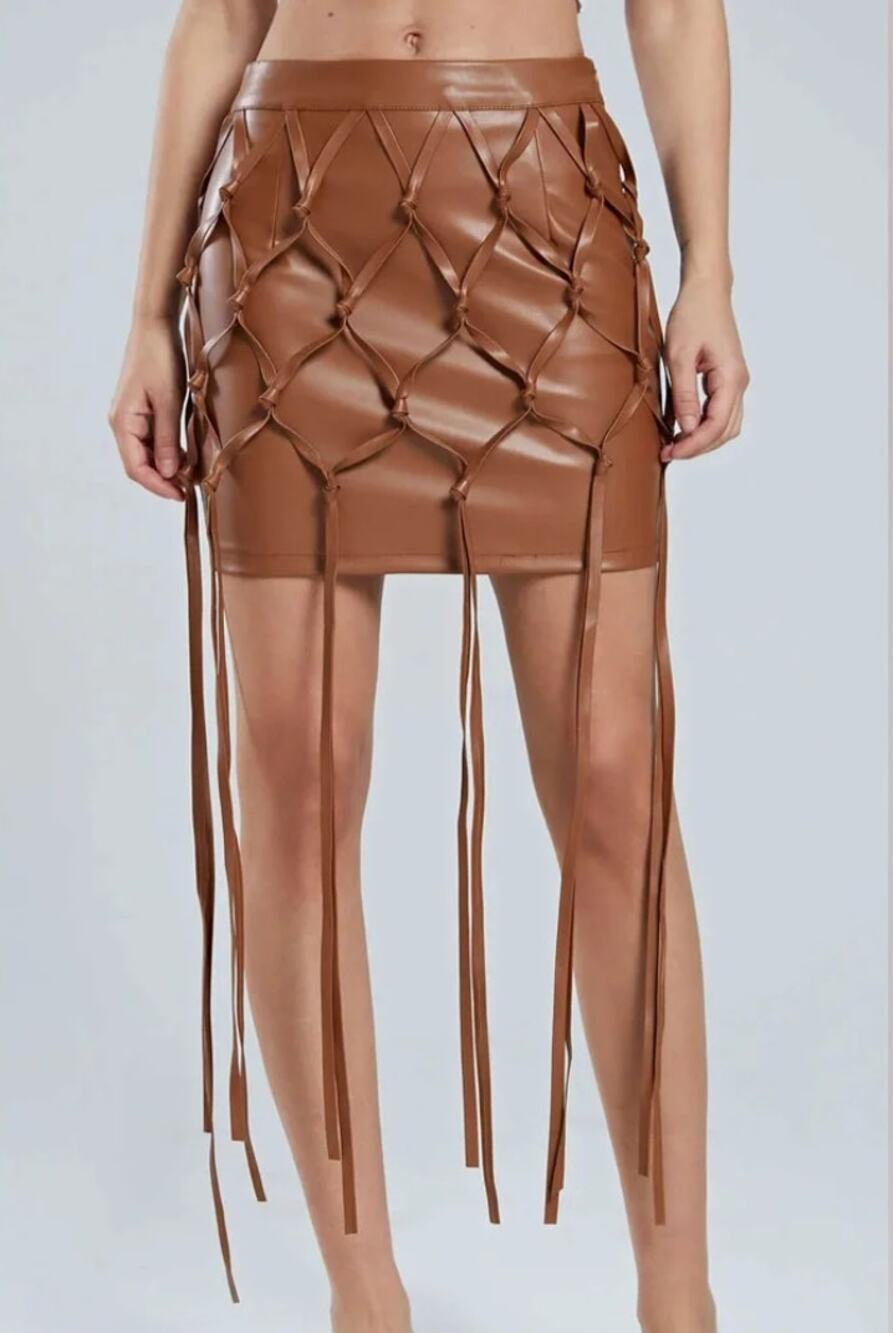 NWT MICAS Brown Faux Leather Braided Fringe Mini Skirt Y2K Clubbing Size XL